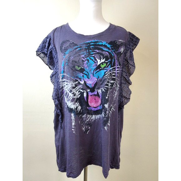 Anthropologie Pilcro Womens T-Shirt Oversized Large Graphic Tee Tiger Lace Trim - Picture 10 of 10